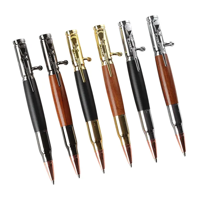 HittCraft Gunmetal-Wood Finish Replaceable Ink Pen - Tactical Bolt-Action, Comfortable Retractable, Reusable, 6-Color Options, Gift Box Included, Multifunctional Military Modern Tactical Pens & Refills (Hunting & Office Use), Ink Pens, Reusable Pen