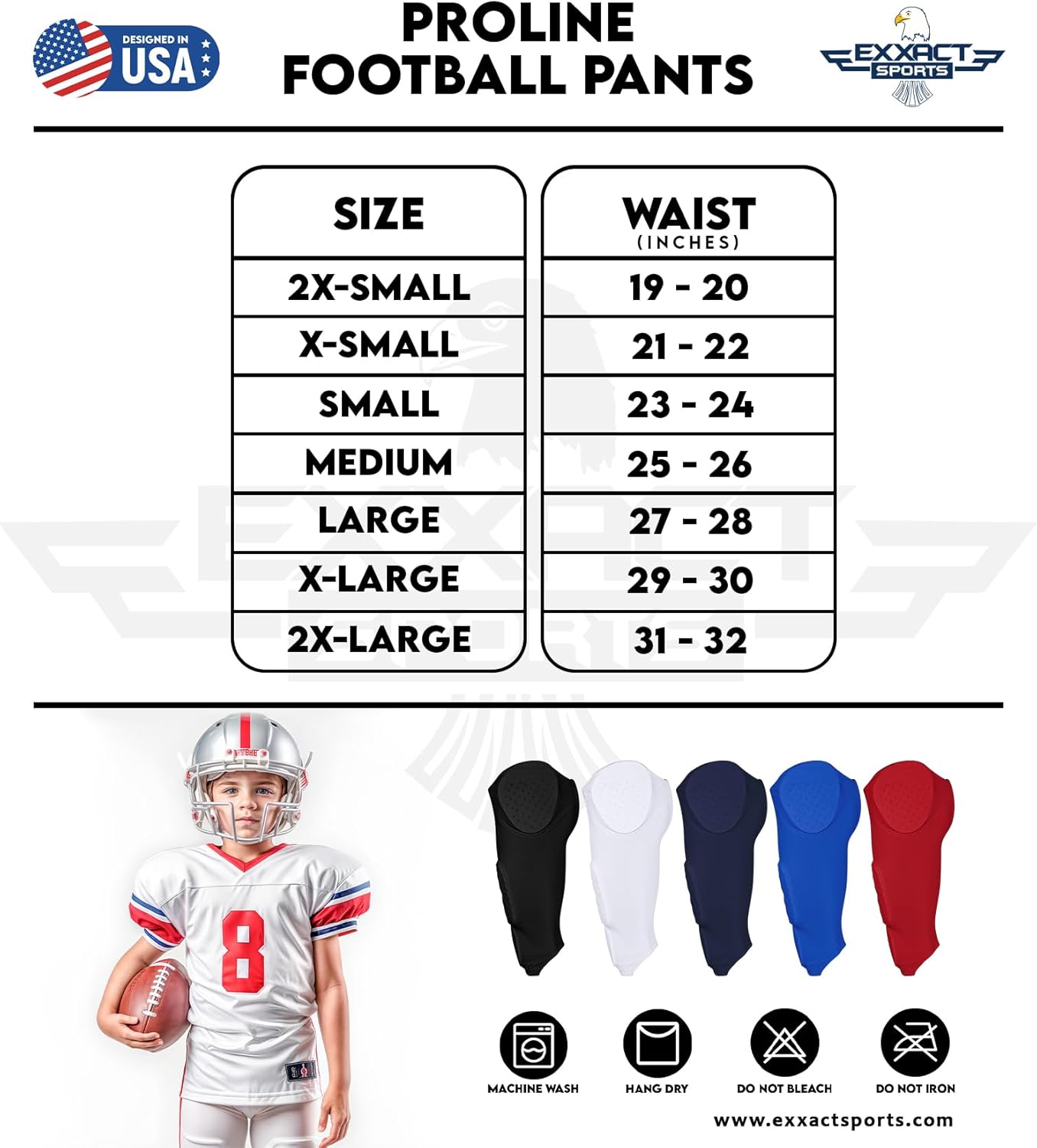 Exxact Sports Proline Youth Integrated Football Pants with 7 Flex Pads Lightweight Practice Trousers for Protection White Athletic Bottoms Active Top
