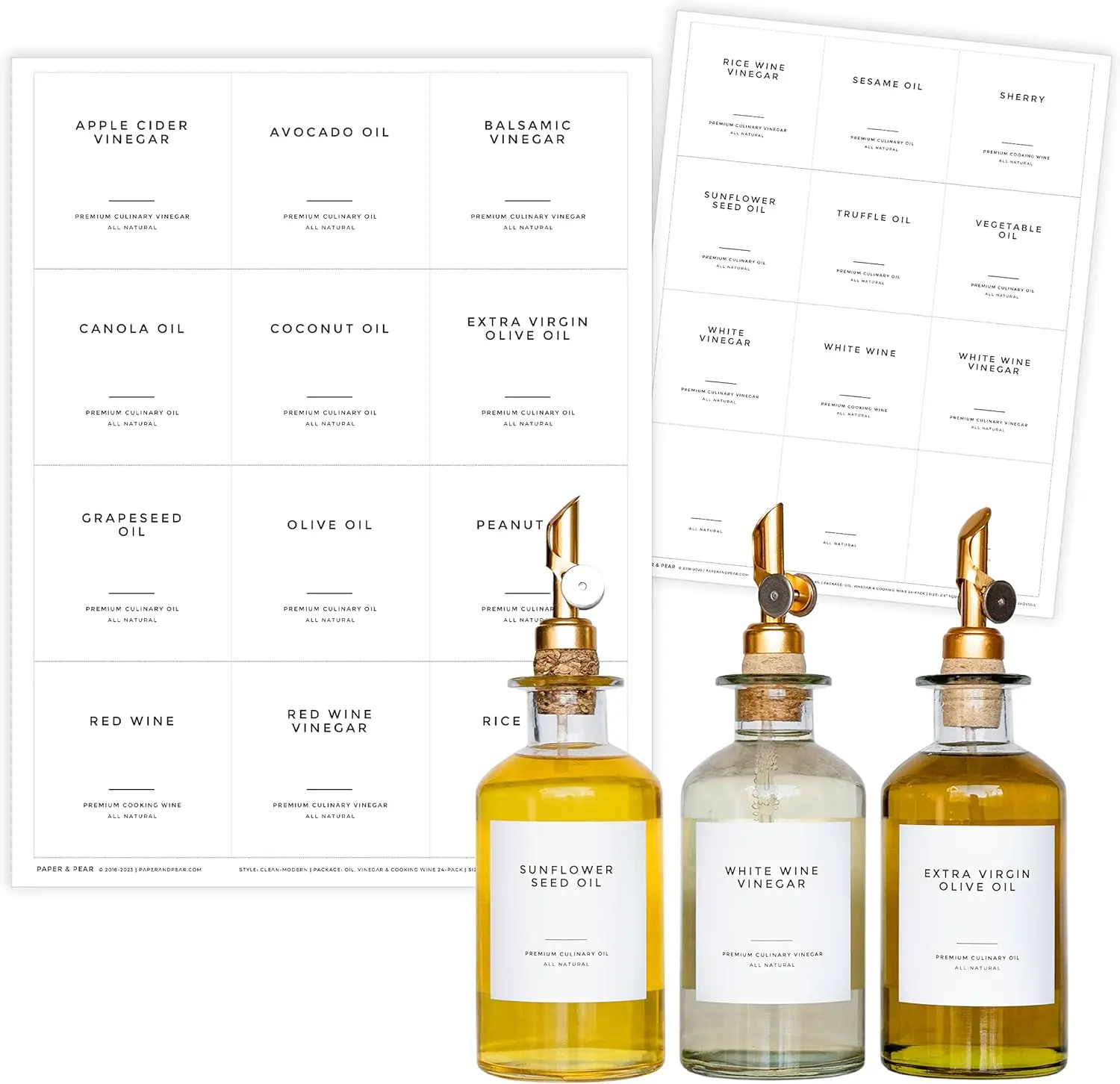 Paper & Pear Clean-Modern White Oil & Vinegar Labels (No Jars) 2.6" x 2.6" Oil Resistant Kitchen Pantry Labels Set of 24 Waterproof Sticker Labels