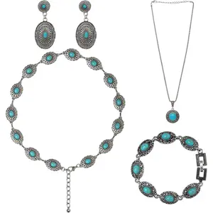 4 pieces bohemian turquoise jewelry set rope waist belt necklace vintage turquoise dangle earrings Western jewelry for women vintage retro boho jewelry set (fresh style)