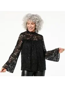 TWRHLL by Christie Brinkley Sequined Lace Bell Sleeve Blouse