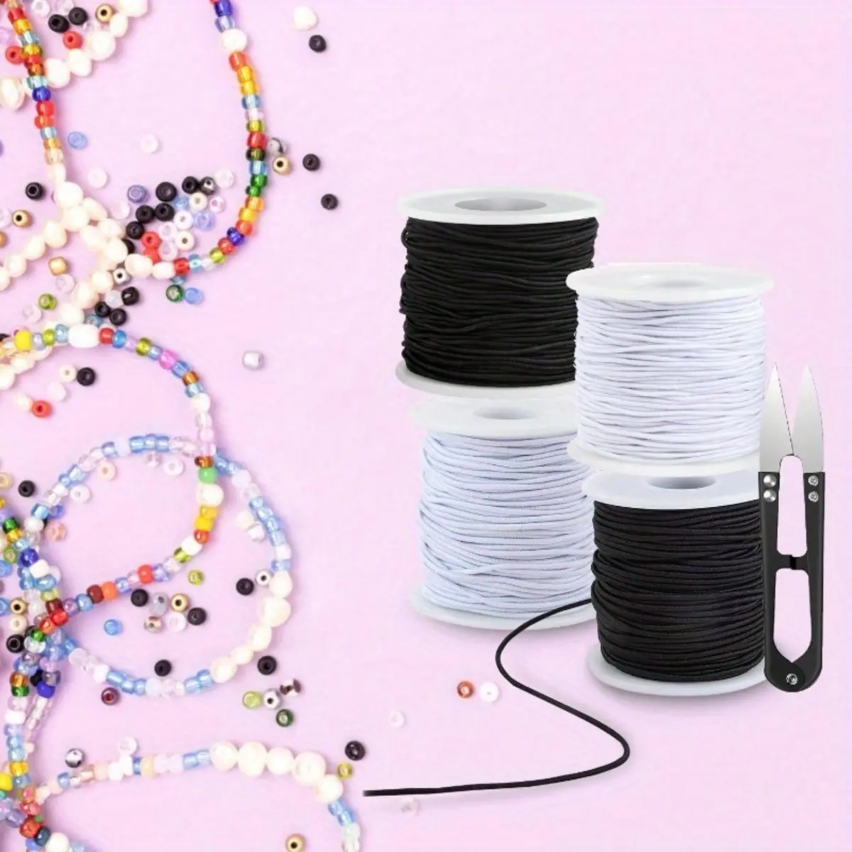 Durable Rubber Bracelet Rope (1 mm in diameter) - 4 x Rubber Bands for Bracelets (50m Each Rolls), 1 x Scissors, Hair Bands Crafts Supplies for Jewelry Making, Travel Books Accessories, 4 Pcs With Scissors