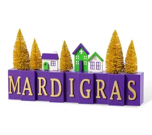 Glitzhome 14"L Mardi Gras Wooden House/Brush Trees Table Decor
