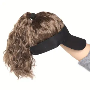 Women's Adjustable Black Baseball Cap Wig - 12 Inch PE Material Wig with Curly Wave Ponytail, Sporty Look, Sun Protection, 12 Inch Wig