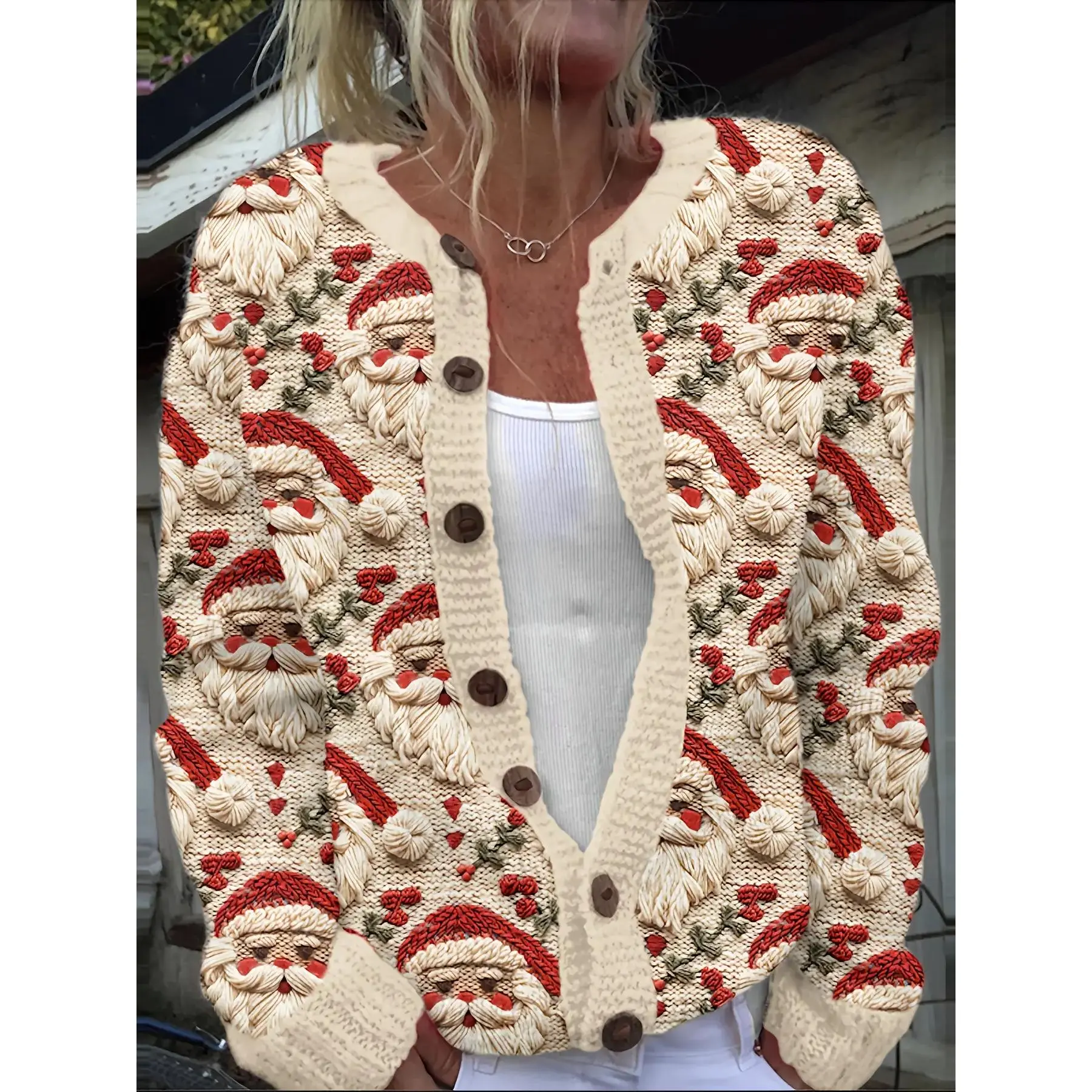 Women's Christmas Knitwear Cardigan, Long Sleeve Button-Up Top with a Santa Reindeer Graphic, Beige Knitting Outerwear for Holiday Parties, Santa Print, Clothes, Tops, Casual, Christmas Graphic, Longsleeves, Reindeer Motif