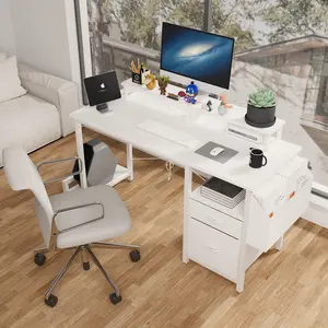 47.3" office desk with power outlet, 2 Monitor Stands, 2 drawers, Side Pocket, Easy to Assemble, Frame stability Reversible, use for home desk, computer desk, game table