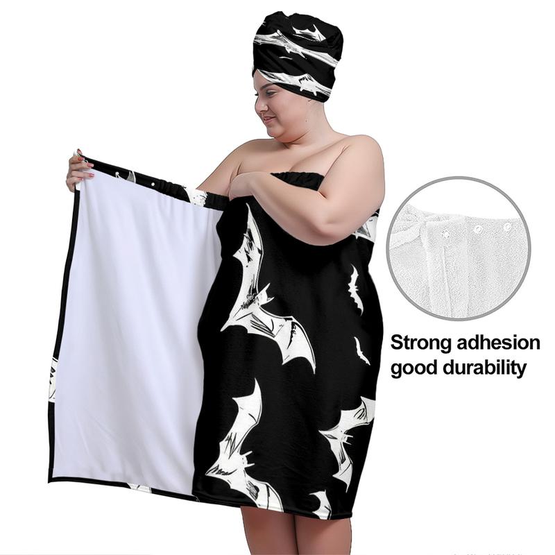 XXXXL plus-size bathrobe set, Halloween bat series, suitable for women, absorbent hair wrap towel for after bathing, spa, and swimming pool. A must-have for home/travel.