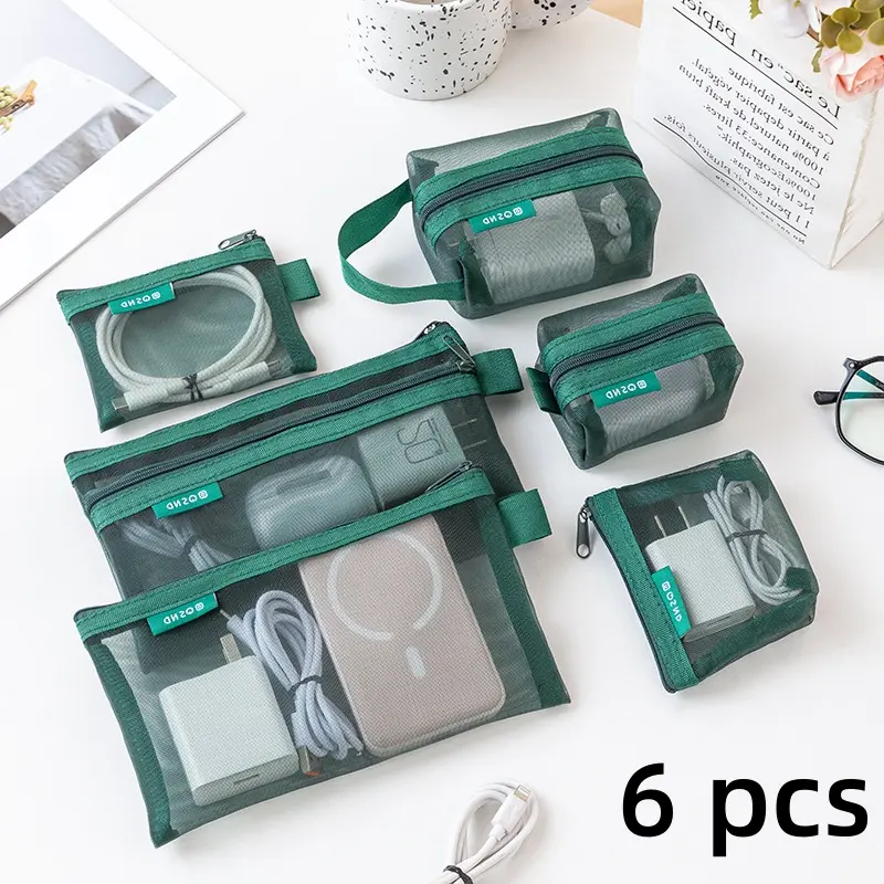 6PCS Mesh Storage Bags, Zipper Design, Transparent, Multi-Size Portable Organizer, Ideal for Cables, Keys, Cosmetics, Travel Essentials, Home Use-MM1