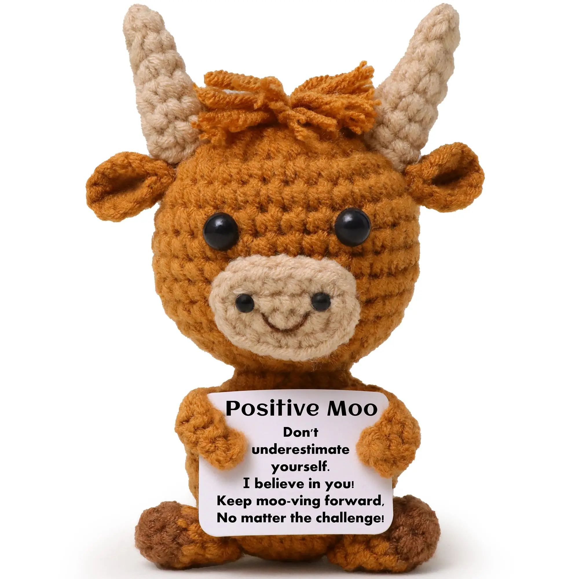 Mini Fun Positive Highland Cow Toy, Cute Cow Design, Cute Animal Design, Knitted Wool Cow with Positive Cards, Creative Crochet Doll for Friends, Ladies, Students, Christmas, Cow Stuffed Animal