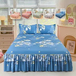 2/3pcs Floral Bed Skirt Fitted Sheet Set, Soft Skin-Friendly Mattress Cover, Elastic Fit Stays in Place, Breathable for All Seasons, for Bedroom, Guest Room & Apartment