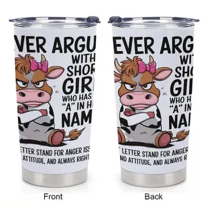 Funny Cow Tumbler for Women - "Short Girl with Attitude" Sarcastic Design - 20oz Stainless Steel Cup,Funny Sister Birthday, Sarcastic Quote Travel Mug,Tiny but Mighty, Highland Cow Lover