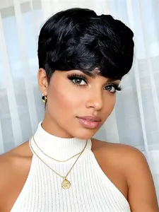natural black color short curly human hair wig machine made natural black color pixie cut human hair wigs for women daily party cosplay gift use wig Kinky Curly Wig Natural Looking Wig