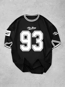 TikMen Digital 93 Print T-Shirt, Colorblock Cuffs, Street Casual Style, Campus Look, Spring Summer Essential, Home & Streetwear