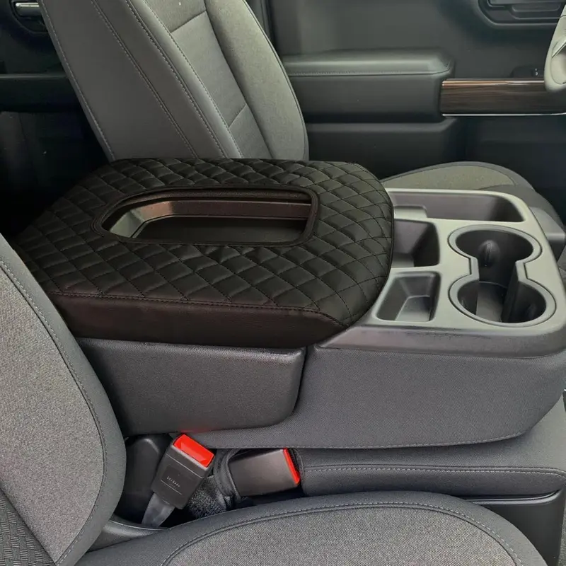 Leather Touch Center Console Armrest Cover - Custom Fit, Colorblock Geometric-Pattern Stylish & Functional Truck Accessory for 2019-2025 Chevrolet Silverado/GMC Sierra Split Bench Foldable Middle Row Seats, Surface Protector