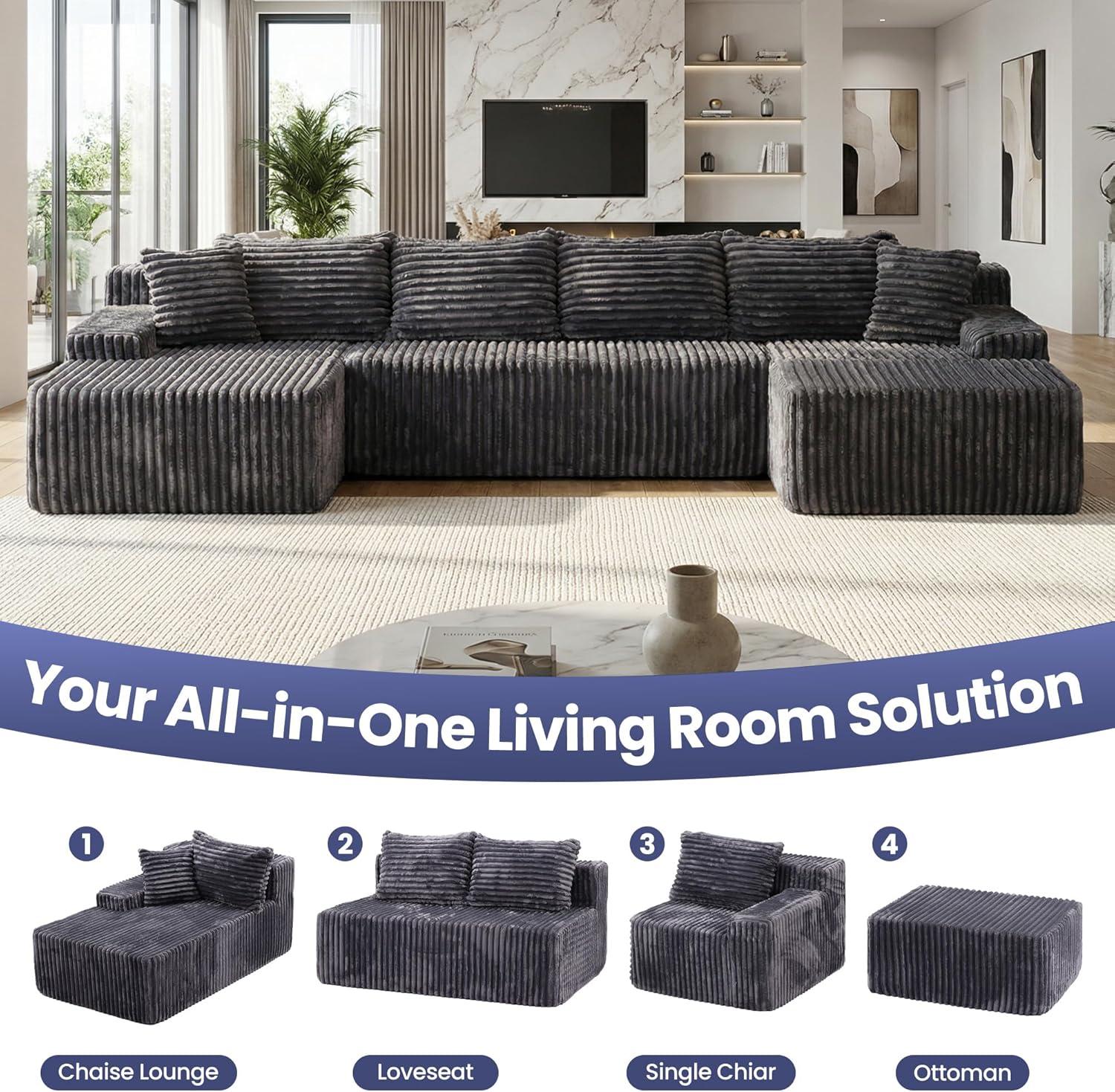 winzoo couch 126" Cloud Sectional Couch for Living Room, Oversized 6 Seat Convertible Modular Sectional Sofa Bed with High Back Ottoman, Plush Corduroy U Shaped Boneless Couch Compression Sofas, Grey