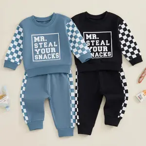 Baby Boy Fall Winter Outfits Checkerboard Long Sleeve Letter Sweatshirt + Pants Set Little Boys Sweatsuit Toddler Spring Clothes