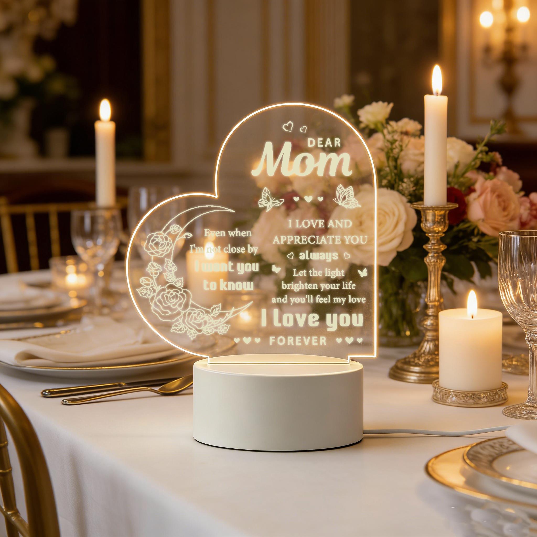 Dear Mom Night Light, 2D Acrylic Heart Shaped Rose Butterfly Lamp, Personalized Gift for Mom, Warm White LED Desk Lamp, Mother's Day Birthday Christmas Thanksgiving Gift for Mom, USB Powered Night Light