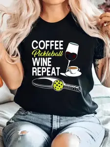 Coffee Pickleball Wine Paddleball Game Pickleball Player T-Shirt, Breathable & Comfort Fit, Short Sleeve Crew Neck Top for All Seasons