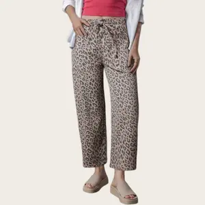 SHAPUM Khaki Leopard Printed Drawstring Elastic Waistband Pocketed Wide Leg Jeans