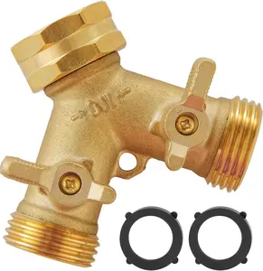 Brass Garden Hose Splitter (2 Way), Solid Brass Hose Y Splitter 2 Valves with 2 Extra Rubber Washers (Brass) Water Hose Dual Nozzle