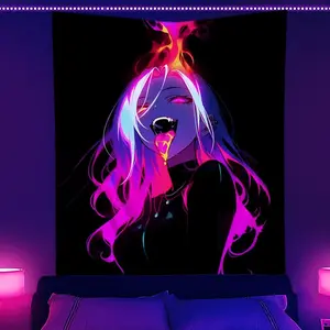 Glow In The Dark Anime Design Neon Tapestry Ethereal Demoness Pattern Blacklight  Theme Uv Reactive Wall Tapestries Vibrant Colorful Luminous Wall Hanging Ideal Festival Gifts for Friends 60X40 Decor Room Decoration