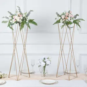 2-Pack Metal Pedestal Stands 32" Gold Geometric Crisscross Design - Open Column Wedding Centerpieces