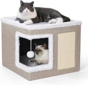 Large Covered Cat Cave Bed with Scratch Pad & Reversible Cushion