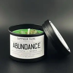 Soy Wax Abundance Green Spell Candle Dressed with Peppermint Oil, Aventurine Crystals, and Basil Leaf for Witchcraft