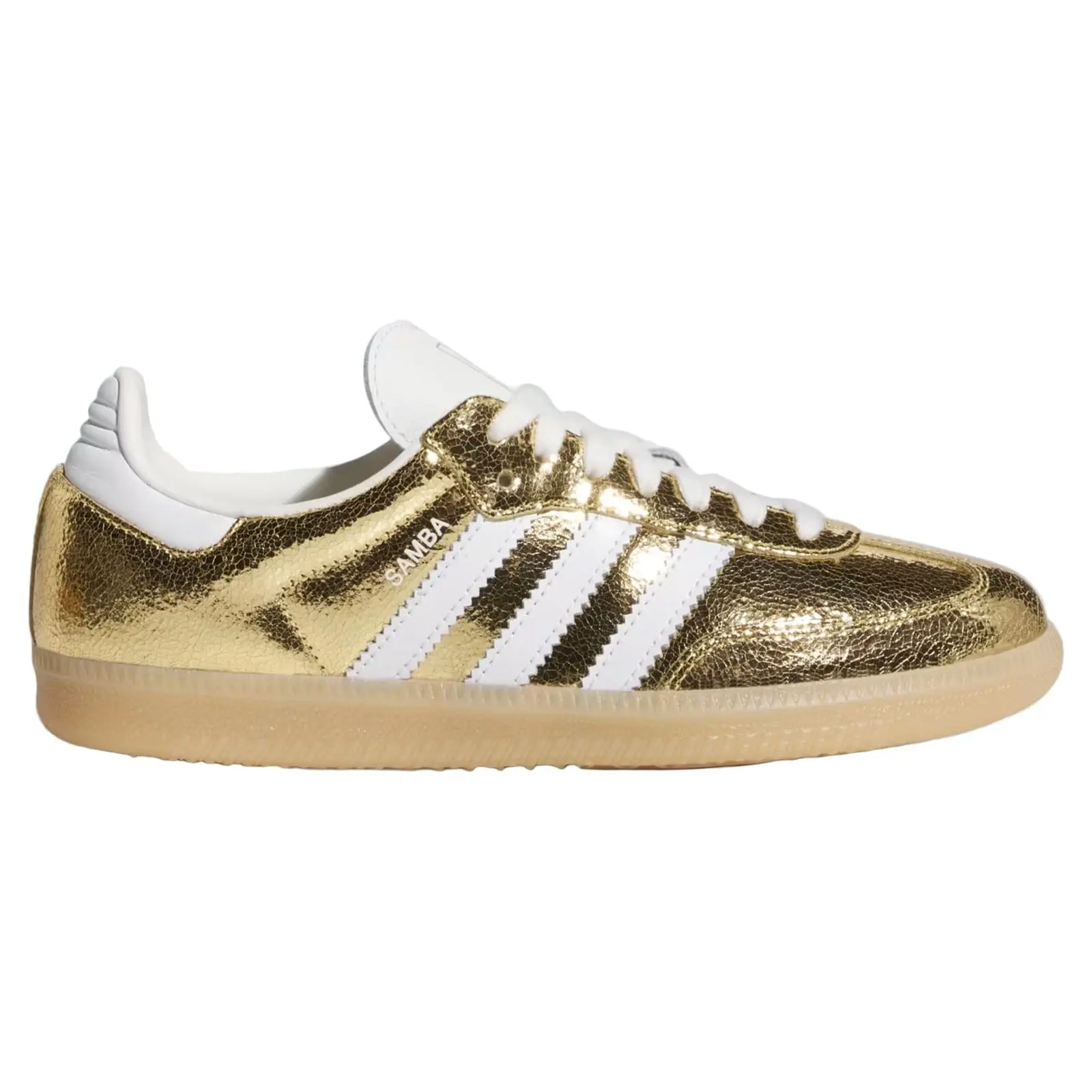 Adidas Samba OG Gold Metallic Cracked Leather Female Casual Sneakers - US W 10, Rubber Sole, Authentic KI5719, Low-Top Closed-Toe Sports Footwear, 100% Authenticity Guaranteed, Metallic Finish, Casual Wear Clothing, Us Female