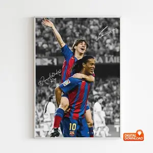 Vintage Lionel Messi & Ronaldinho Soccer Poster Spain Football Art El Clasico Sports Gift For Him