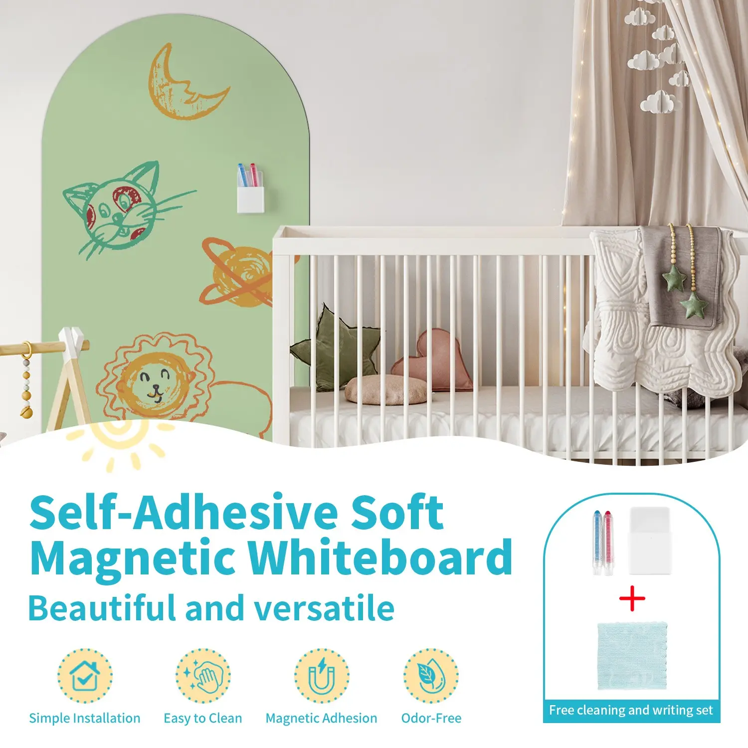 Magnetic Whiteboard Paper, Self Adhesive Install, Strong Magnets, Child-Friendly Design, Includes Storage Box & Crayons, 50x90cm, Whiteboard Set