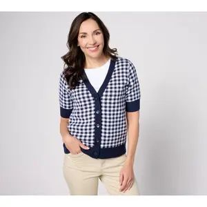 Denim & Co. Heritage Puff Sleeve Gingham Cardigan