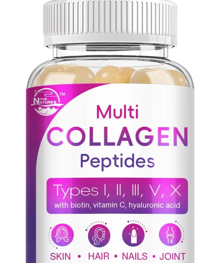Nature's Multi Collagen Peptides Softgel - Types I II III V X with Biotin Vitamin C & Hyaluronic Acid for Skin Hair Nail Support 60 Softgels 2 Pack - Fitness
