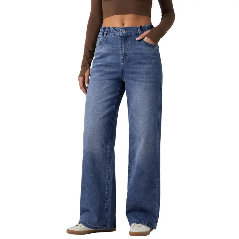 Dokotoo Women's High Wais Denim Print French Terry Casual Sweatpants Jeans with Pockets Straight Leg