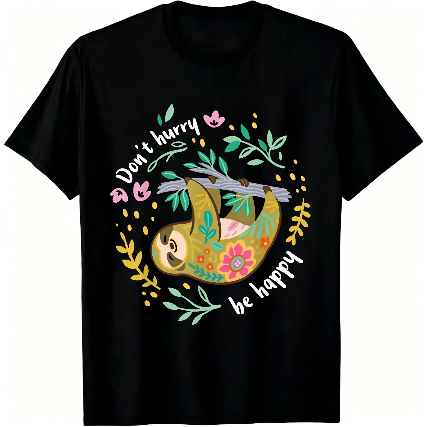 Unisex 100% Cotton Classic Round Neck Short-Sleeve Graphic T-Shirt - Personalized Sloth Hanging On Branch With Flowers Design, Sports & Outdoor Streetwear Clothing, Shortsleeve, Tee, Soft, Animal, Menswear, Casual, Top, Print, Fabric, Loose