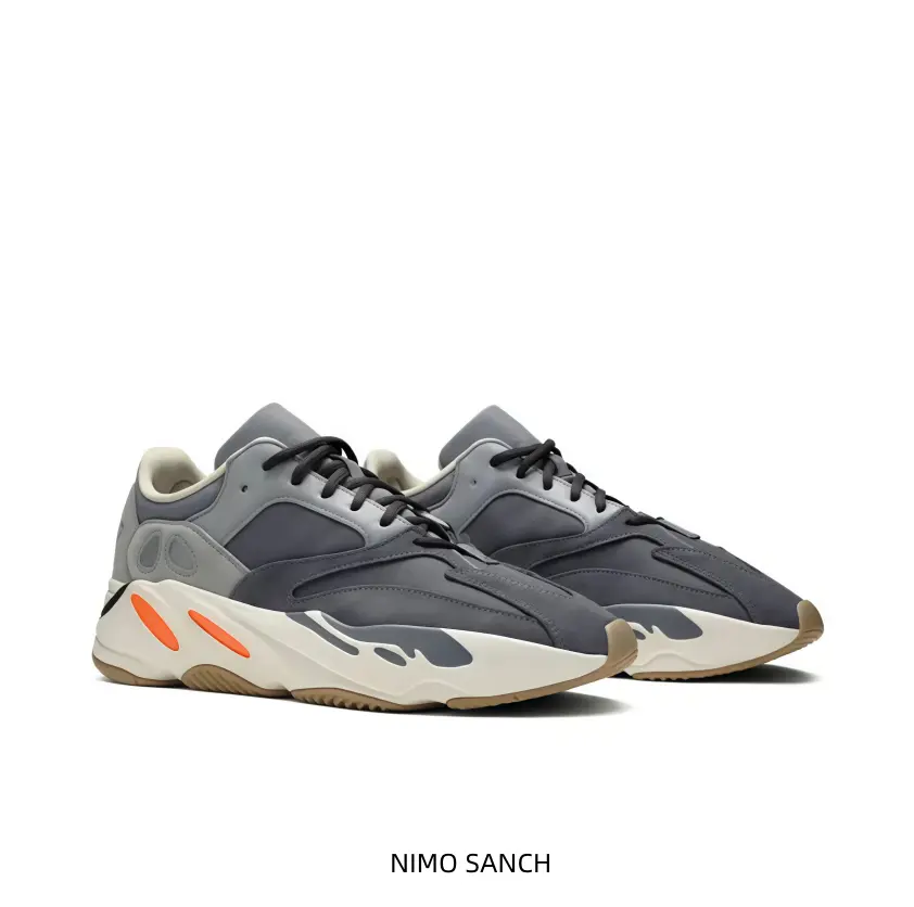 Slate Grey And Off-White Layered Retro Runner Featuring A Suede And Mesh Panel Construction, A Contrast Orange Side Accent, And A Gum Rubber Outsole
