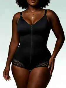 1 Count Women's Solid Color Adjustable Strap Bodysuit, Fajas, Colombiana Shapewear, Front Zipper Closure With Built Bra Shapewear, Lace Trim Anti Slip Jumpsuit, Suitable For Parties, Daily Leisure, Party Wear, Underwear