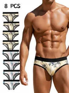 Trendy Men's 2 Color 8 Piece Triangle Underwear Set, Soft Stretch Briefs, Unique Print Design, Comfortable Lightweight Sexy, Casual Fitted, All Seasons