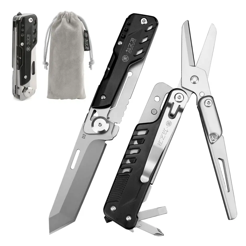 Xhandle MT-07 5-in-1 EDC Multitool, D2 Steel Folding Cutter, 440A Stainless Steel Scissors, Screwdriver, Tungsten Steel Window Breaker, Pocket Clip, Portable Outdoor & Car Safety Tool Tactical Gadgets Survival Tools
