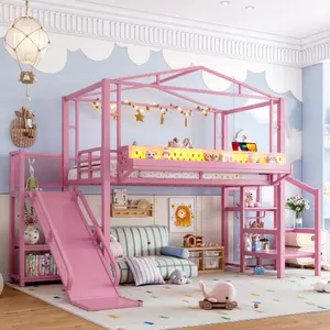 Bellemave   Loft Bed with Storage Stairs, Shelves and Built-in Wardrobe, Metal Loft Bed Frame with USB Ports and LED Lights, Noise-reduced Design