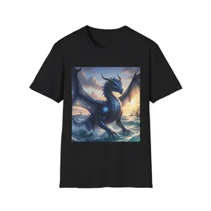 Blue Sea Dragon T-Shirt | Fantasy Dragon Illustration, Ocean Sunset Scene - Original Graphic Art created by selleer