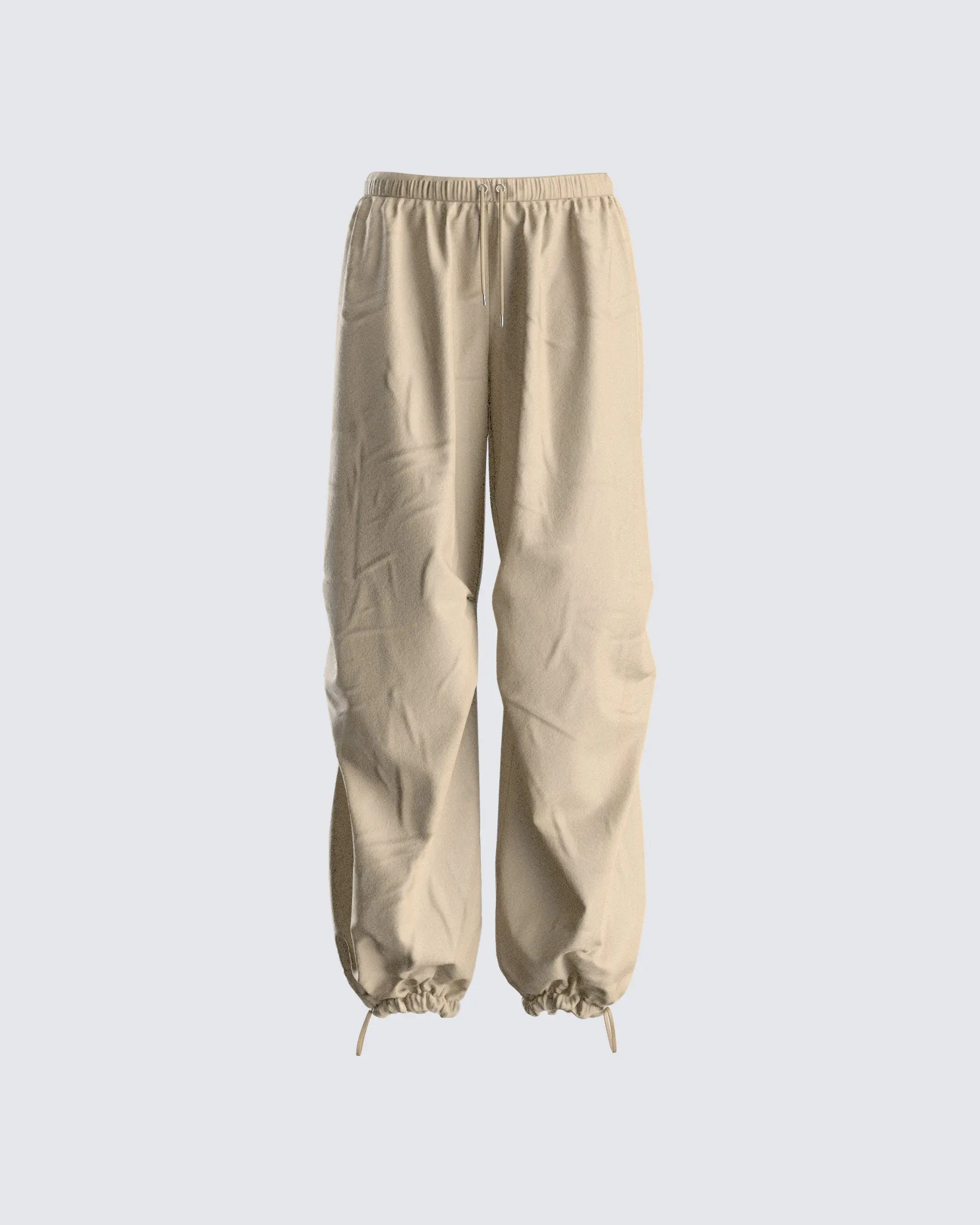Women's Finley Taupe Baggy Parachute Pants - Drawstring Elastic Waist, Loose-Fitting Bottoms, Fitted Design, Ankle, Toggle