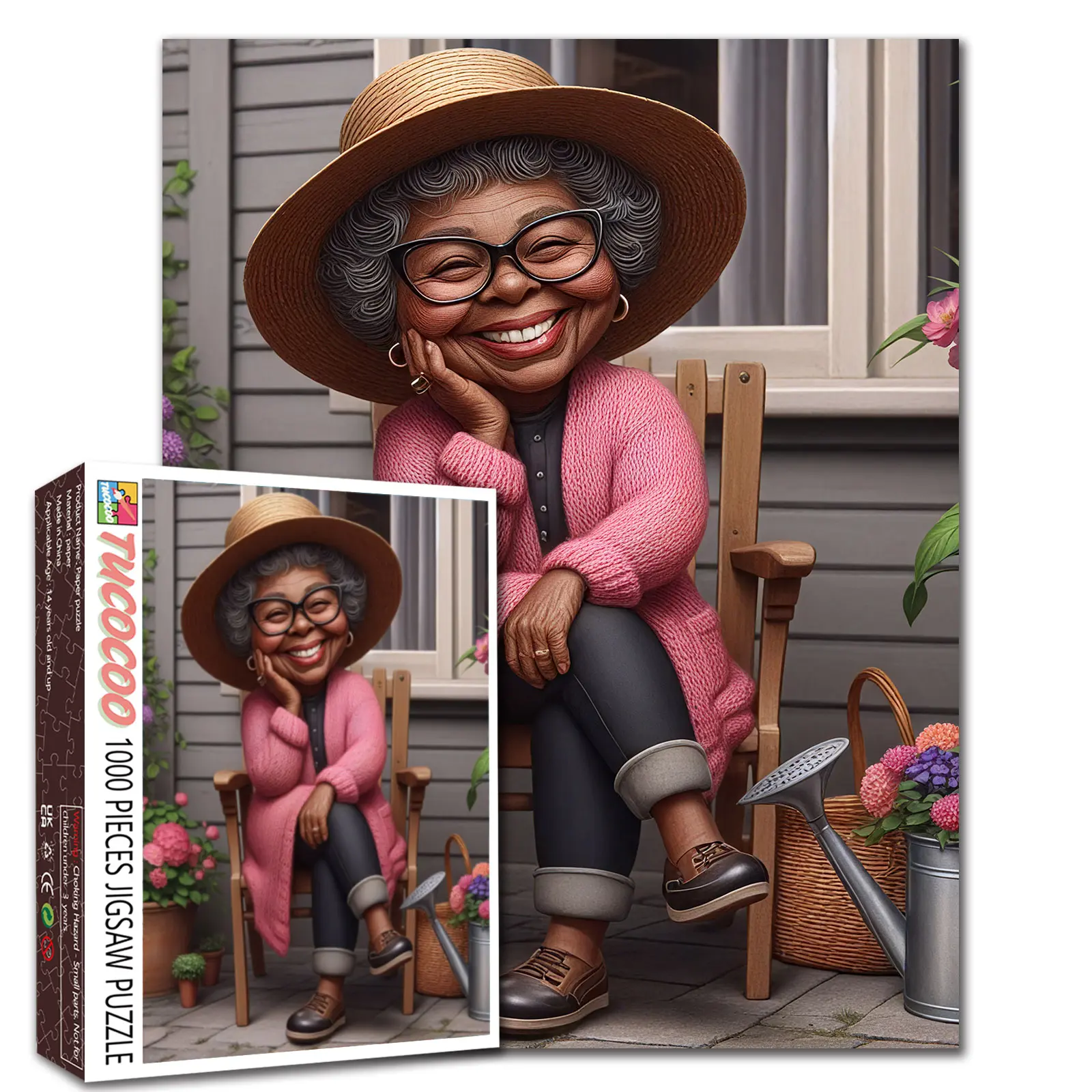 Tucocoo Smiling Grandma Garden Portrait 1000 Pieces Jigsaw Puzzle Heartwarming Art Relaxing Family Game Stress Relief Brain Challenge Cozy Home Decor Thoughtful Mothers Day Gift for Mom Adults Seniors 27.5x20inch(70x50cm)