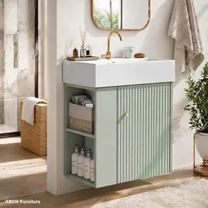 21.6 in Modern Floating Bathroom Vanity with Ceramic Basin, MDF Cabinets, Left-Side Storage - Wall-Mountable Floating Floor Cabinets, Modern Storage Dresser Ideal for Small Bathrooms WL RR