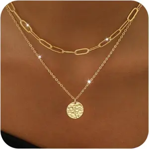 Layered Necklaces for Women 14K Gold Plated, Stackable Circle Coin Pendant Set, Dainty Long Chain Handmade Gold Jewelry Gifts for Her
