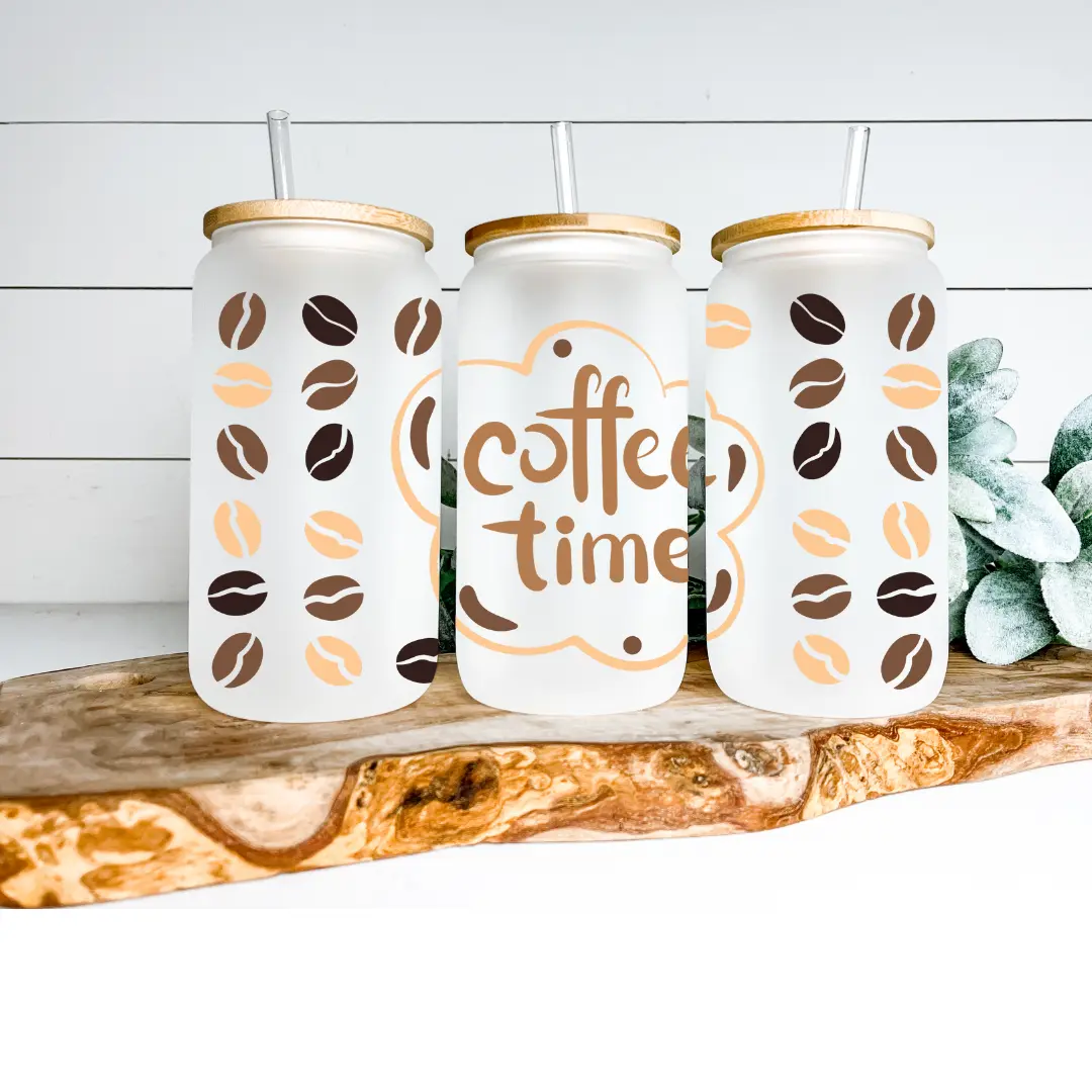 Coffee Time 16 ounce glass tumbler-2 choices Bamboo Lid Drinkware