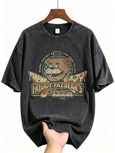 Vintage Five Nights at Freddy's T‑Shirt, Freddy Fazbear's Pizza 1983 Washed Black Cotton Oversized Short Sleeve Tee, Retro FNAF Game Graphic Casual Crewneck Shirt