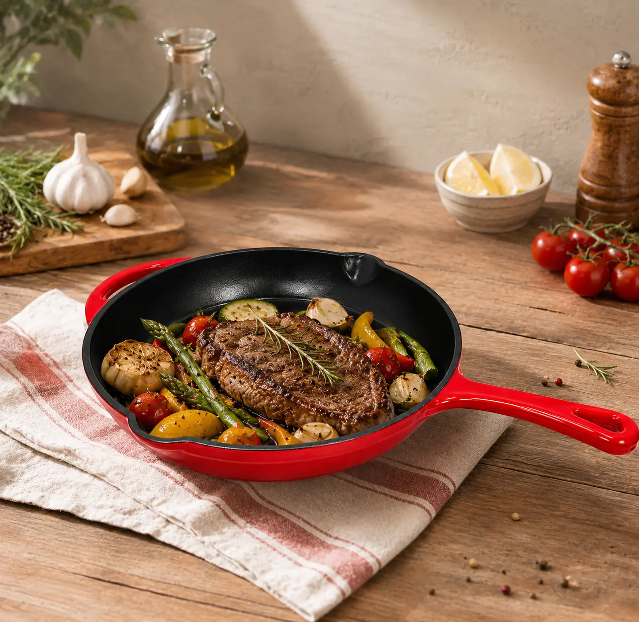 Stylish 10-Inch Sturdy Enameled Cast Iron Skillet - Round Frying Pan with Handle, Oven Safe Up to 500°F, Suitable for Induction, Gas, Electric Stovetops, Ideal for Serving, Red, Hand Wash Only