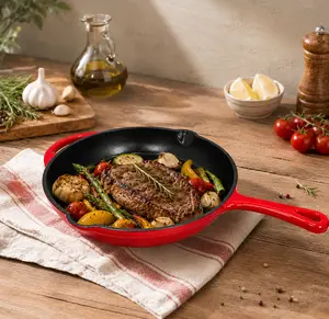 10 Inch Enameled Cast Iron Skillet, Round Cast Iron Frying Pan for Induction Gas Electric Stovetop and Oven Safe Cooking, Red