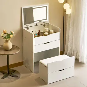 Vanity Desk Mirror with flip-up LED mirror, Visible Glass-Top Drawers, Hidden Storage Stool, Sponge Cushion Seating, And Three Spacious Drawers—Modern vanity para mujer Perfect For Your Organized Makeup Setup. Dresser Furniture Bedroom Minimal Design